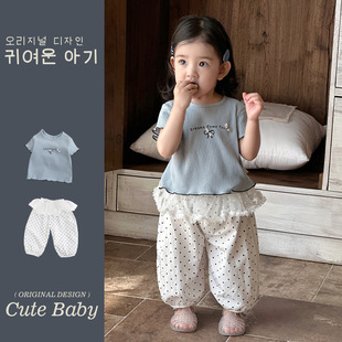 婴幼儿夏季 2026新款 儿童洋气休闲女童薄款 两件套 蕾丝花边下摆套装