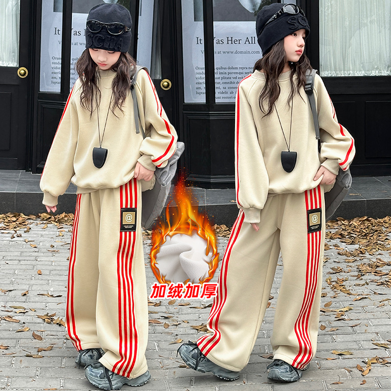 外贸女童套装加绒2025秋冬新款儿童跨境大童初中生时髦卫衣