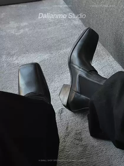 Thick-Soled Square-Toe Boots for Men, Chunky Heel Height-Increasing Chelsea Boots, Elastic Slip-On Short Boots, Short-Cut Ro Dark Cool Leather Boots