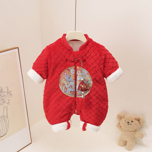 喜庆婴儿冬装外出服周岁红色连体衣百天宝宝连体衣秋冬加绒棉衣