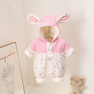 宝宝新款冬装女宝加绒加厚外出服婴幼儿连体衣冬加厚外穿棉服超萌