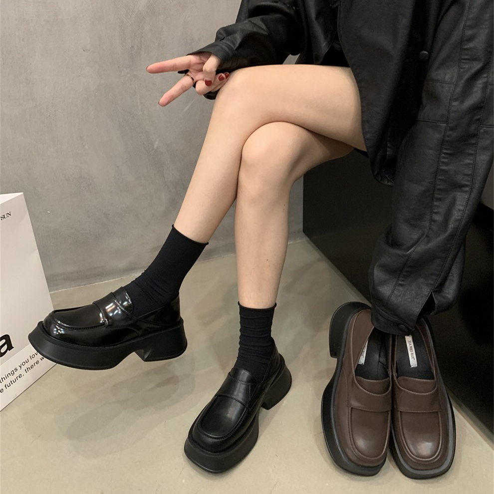 棕色复古粗跟英伦小皮鞋制服鞋一脚蹬单鞋春夏厚底女鞋百搭乐福鞋