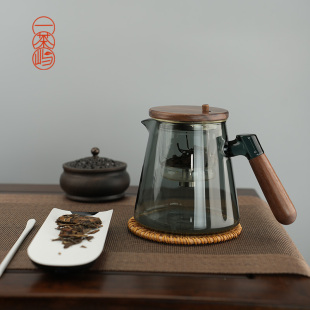 冲泡家用 飘逸杯泡茶壶胡桃木把手玻璃内胆一键过滤茶水分离按压式