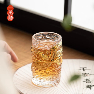 创意喝茶小杯 一茶屿琉璃茶杯金色祥龙杯耐热玻璃主人杯单杯个性