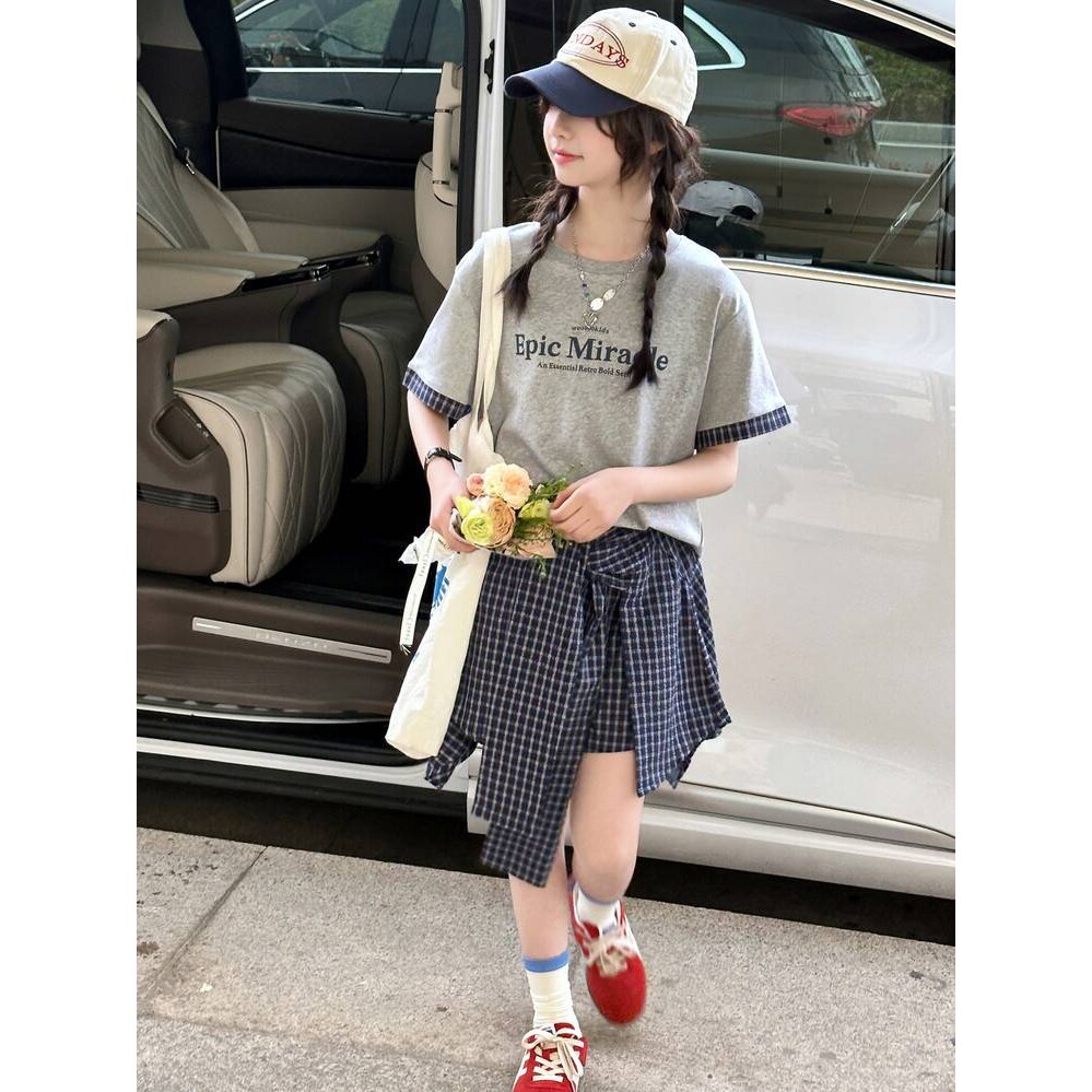 官方正品女童格子裙裤套装夏季女大童韩版洋气短袖t恤半身裙街舞