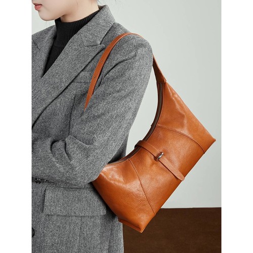 官方正品头层水晶植鞣牛皮小众复古饺子包真皮单肩腋下法棍包hobo