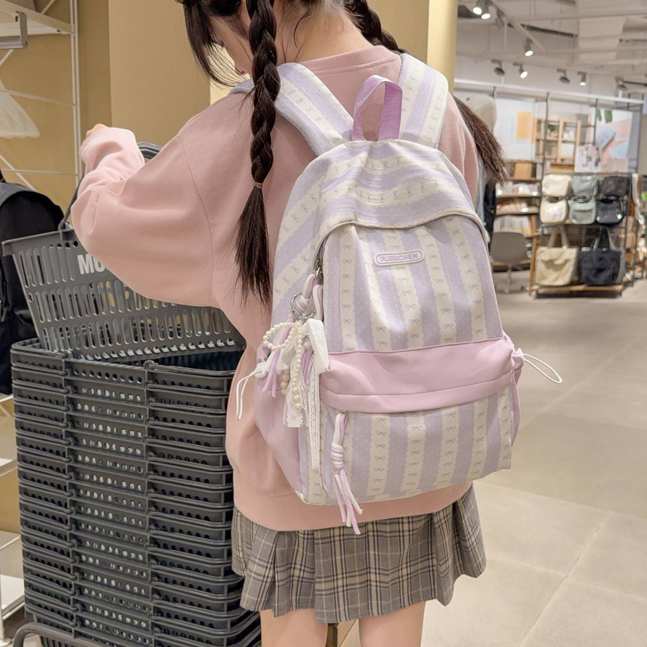 官方正品甜美蝴蝶结条纹双肩包女学生党日常百搭轻便书包2026新款