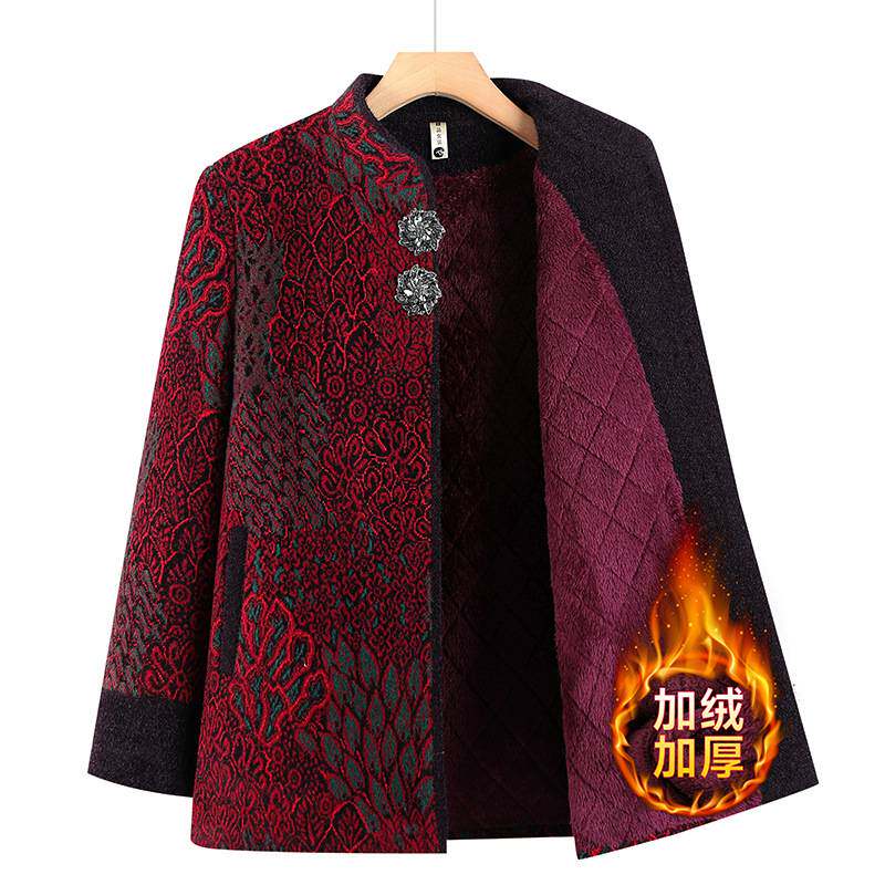 官方正品老年人冬装女加绒加厚奶奶立领外套老年女装仿貂绒唐装老