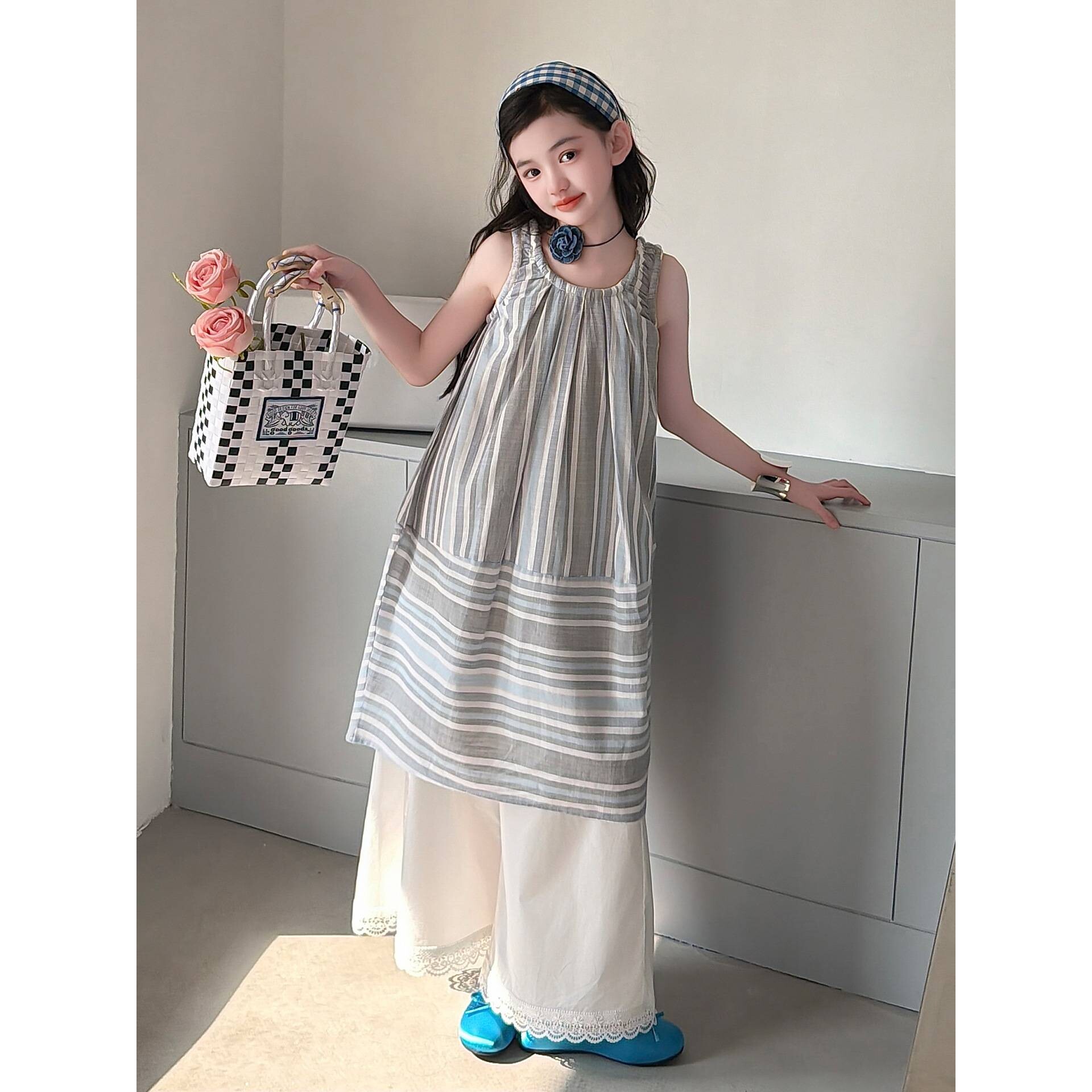 官方正品女童夏季连衣裙新款儿童洋气背心裙女孩裙子大童夏装套装