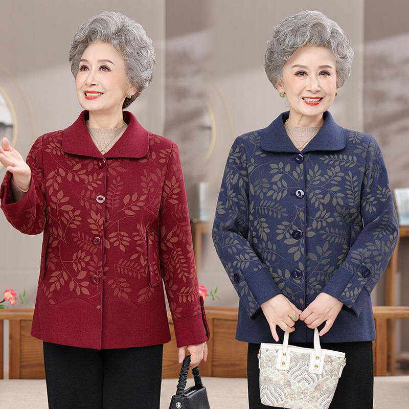 官方正品奶奶装春秋外套长袖中老年人女装衣服毛呢上衣妈妈装翻领