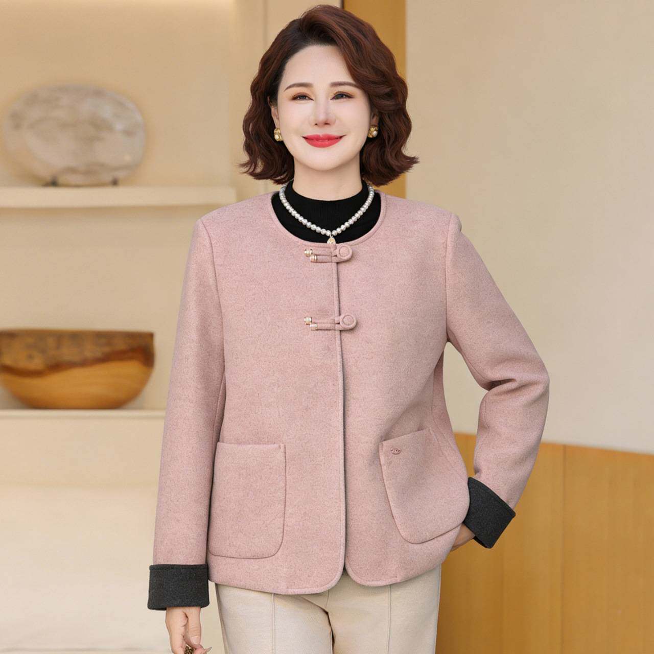 官方正品妈妈装新中式盘扣毛呢外套女春秋洋气中老年女装上衣外套