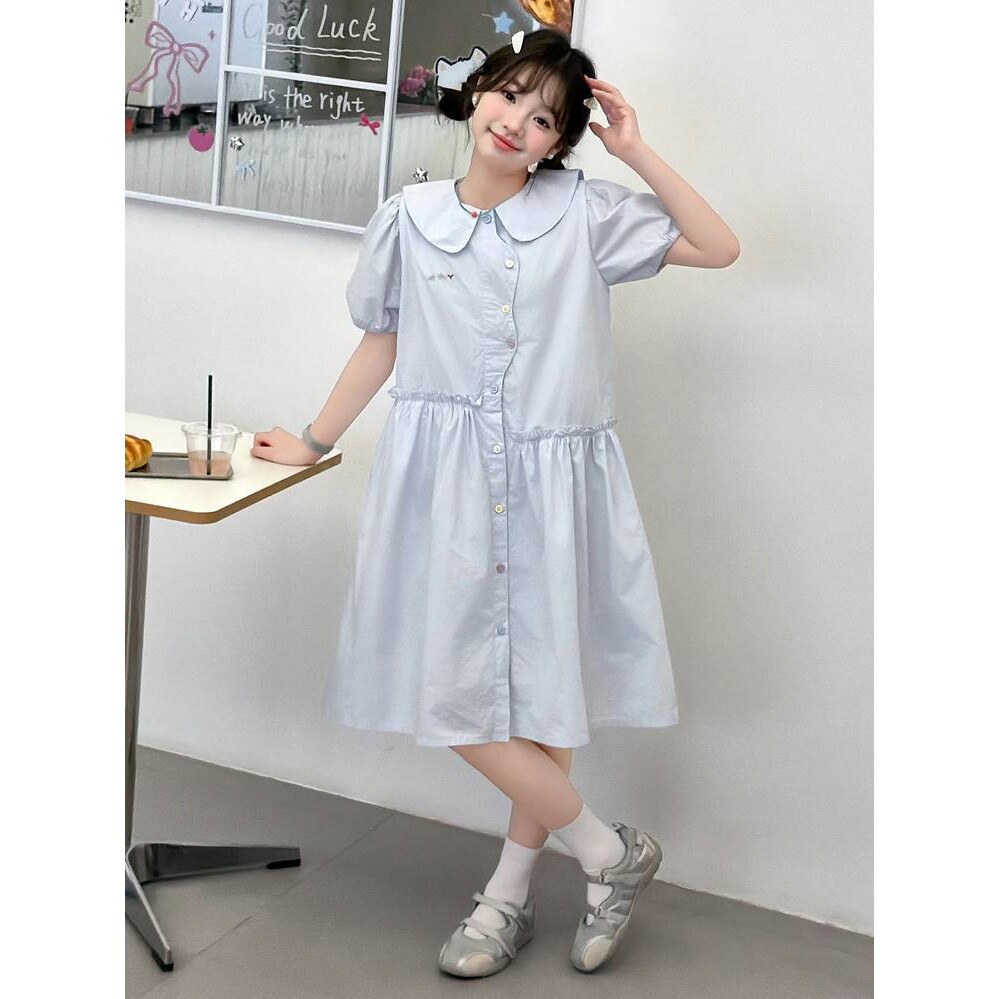 官方正品女童学院风连衣裙夏季薄款韩版中大童短袖衬衫裙子夏装女