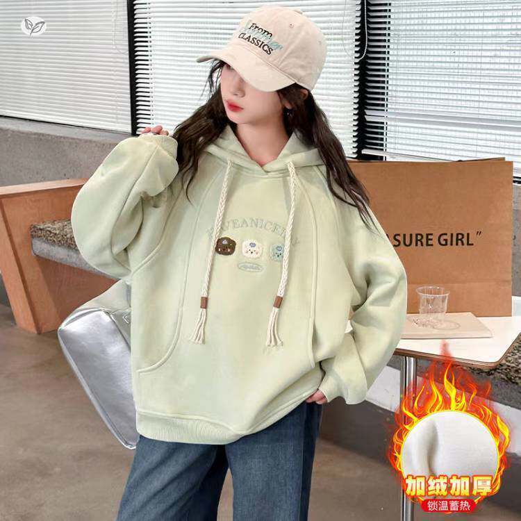 官方正品女童秋冬加绒卫衣2025年新款卡通绣花连帽套头衫中大童休