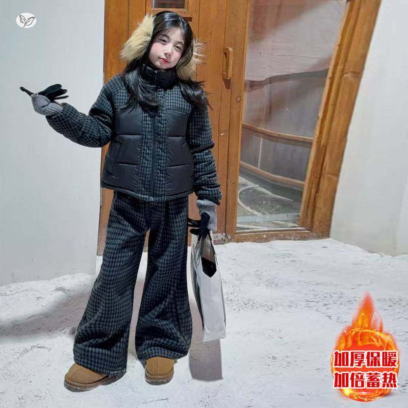 官方正品女童2025年冬季新款拼接格子棉服同系列格子裤套装女大童