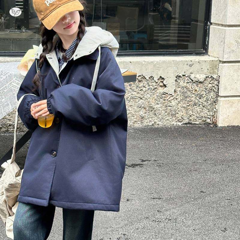 官方正品女童夹棉外套2025年秋冬新款中大童撞色连帽风衣中长款防