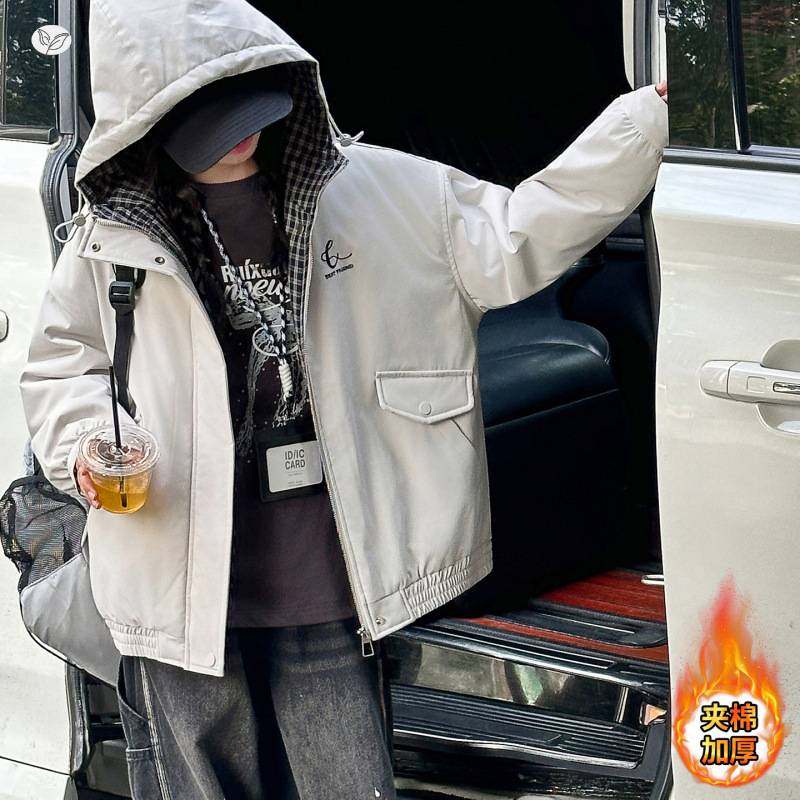 官方正品女童夹棉冲锋衣冬季2025新款中大童格子拼接连帽外套夹克