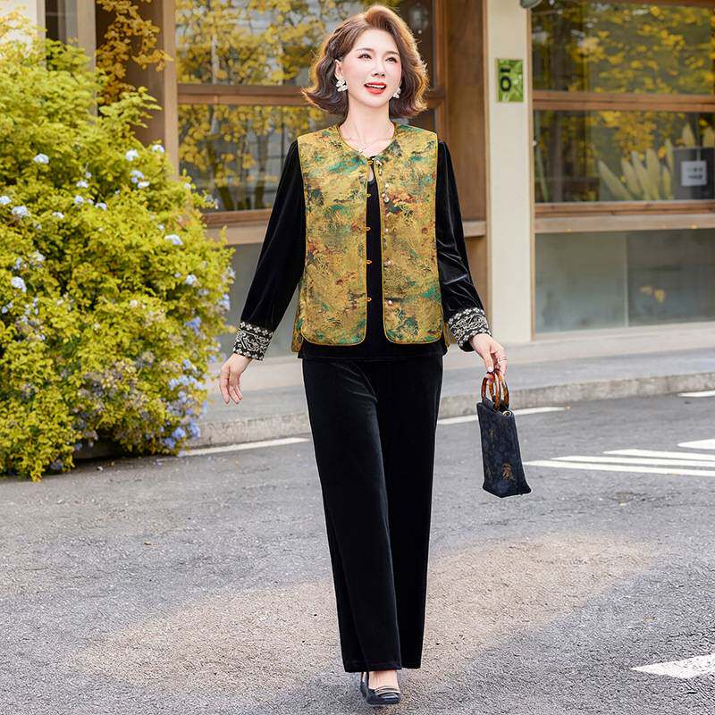官方正品中老年女装气质中国风金丝绒三件套妈妈秋装新中式双面穿