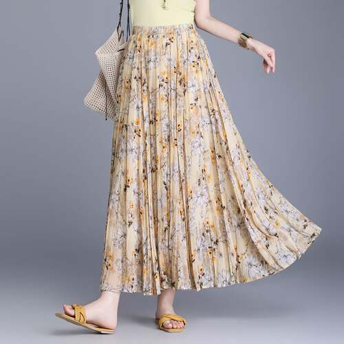 官方正品印花A字松紧雪纺半身裙女2026夏季新款高腰显瘦大摆百褶