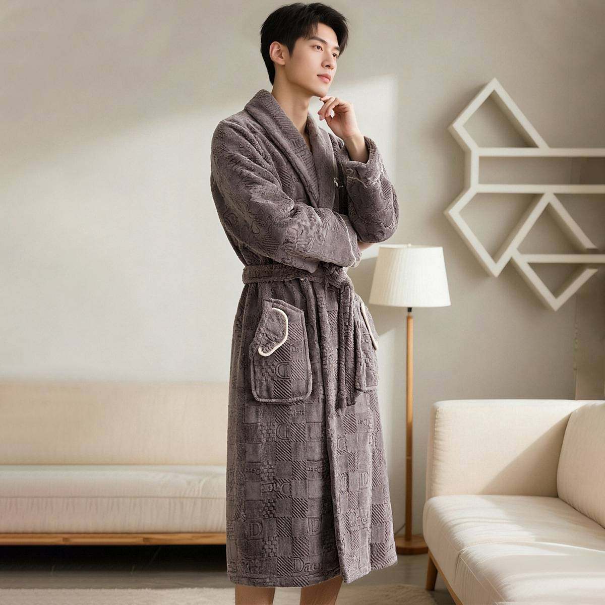 官方正品冬季保暖睡衣男士睡袍加绒加厚双面法兰绒浴袍家居服休闲