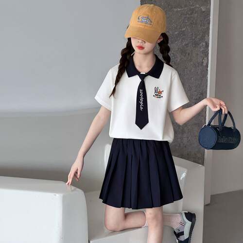 官方正品女童夏装学院风连衣裙套装2026新款洋气儿童夏季polo衫短