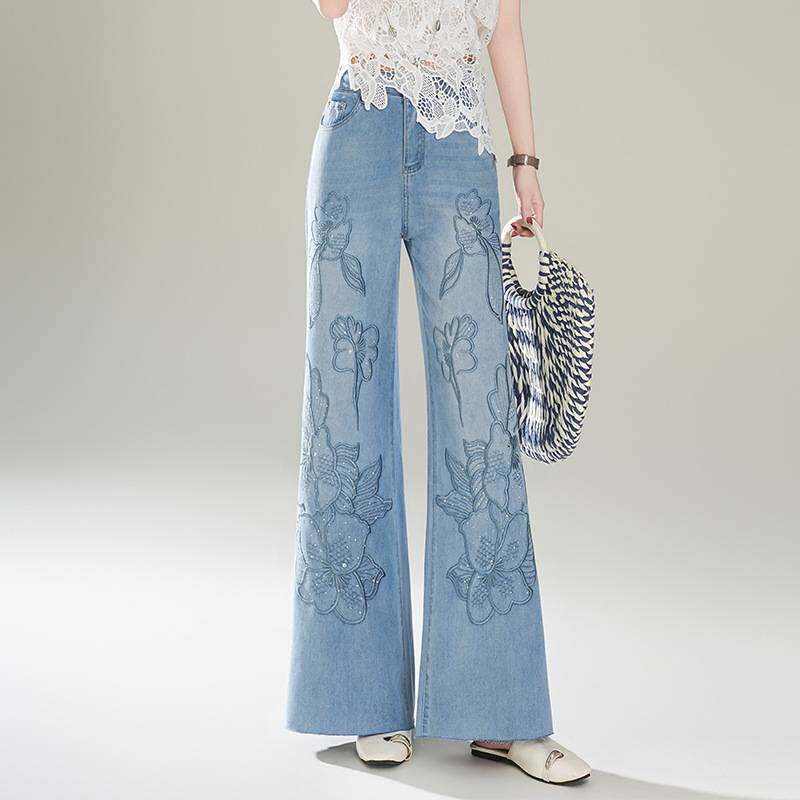 官方正品刺绣烫钻个性加长阔腿裤拖地裤2026春夏新款直筒裤天丝筒