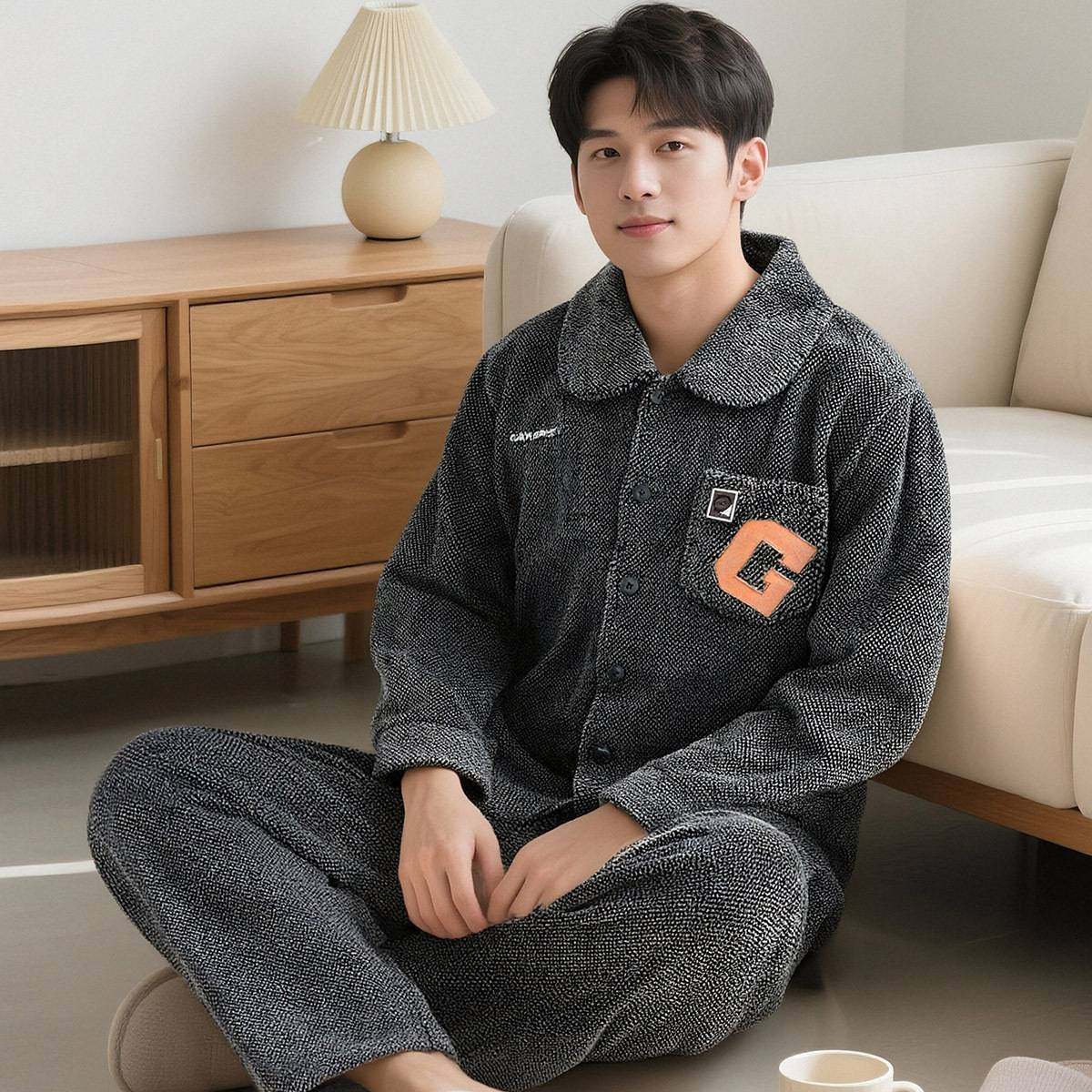 官方正品冬季轻暖绒睡衣男开衫翻领加绒加厚秋冬法兰绒男士家居服