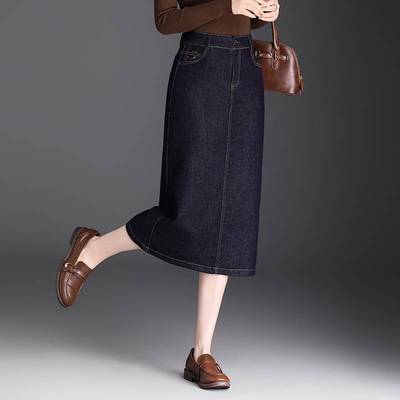 官方正品深蓝色开叉牛仔半身裙女秋季2025新款高腰直筒a字裙中长