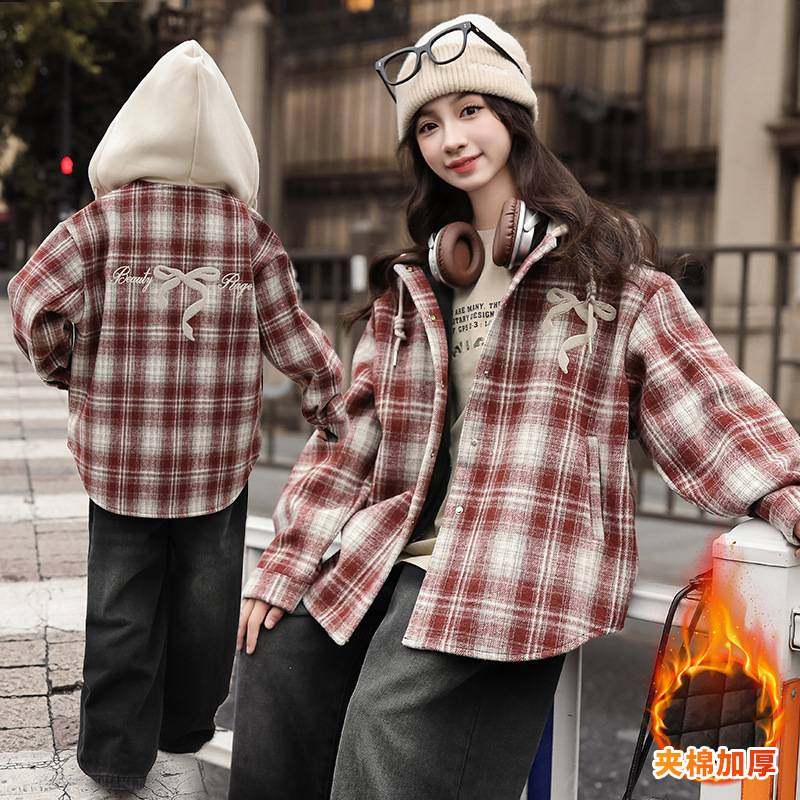 官方正品女童夹棉外套冬季2025新款儿童洋气休闲加厚保暖格子衬衫