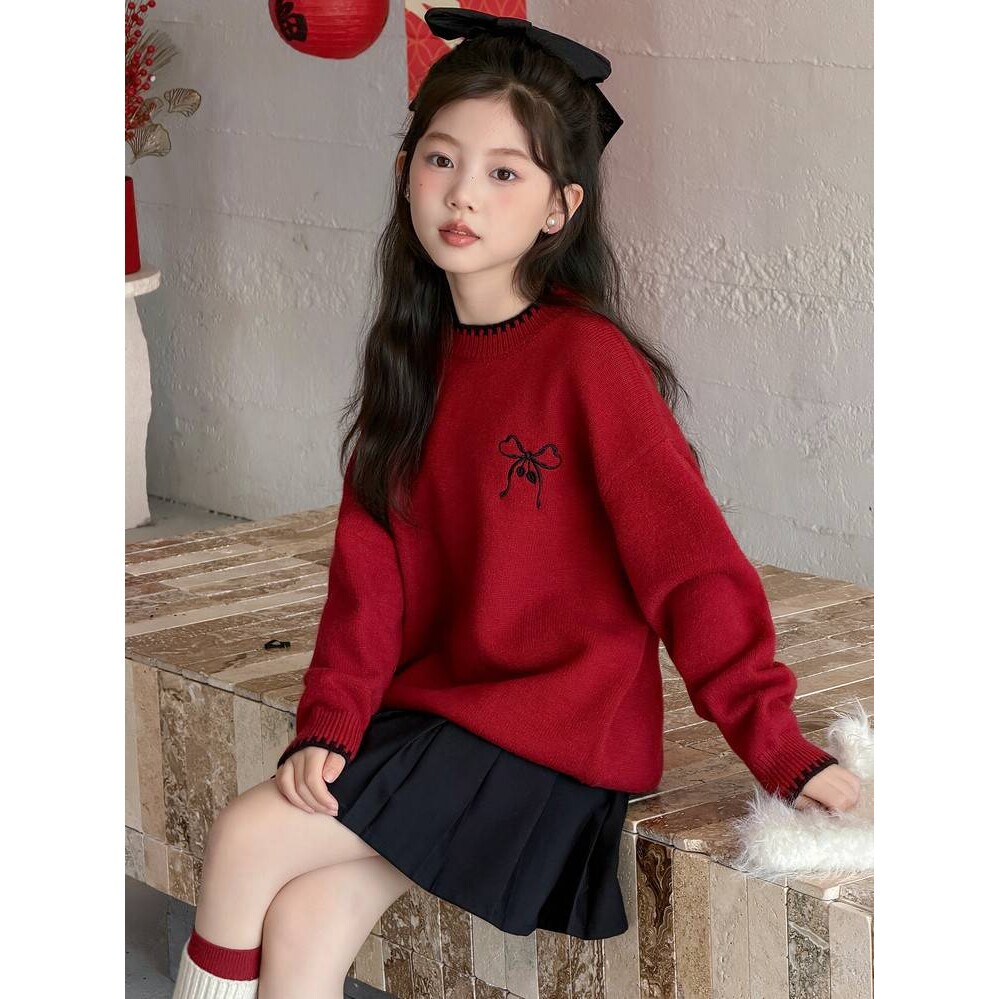 官方正品女大童红色毛衣本命年2025新款秋冬女童加厚打底初中生新