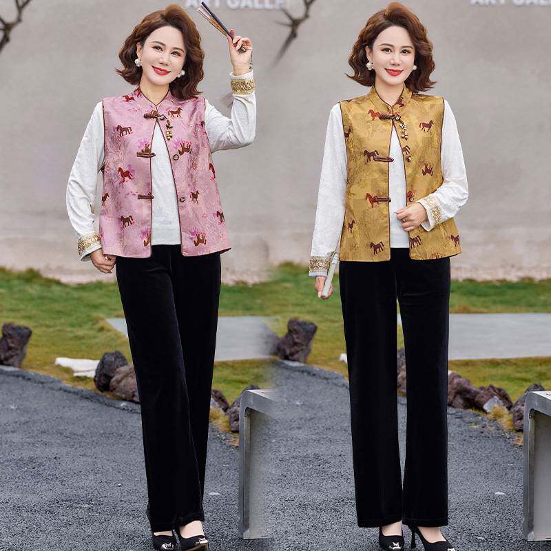 官方正品新中式妈妈国风三件套2026新款春装马甲外套中老年人洋气