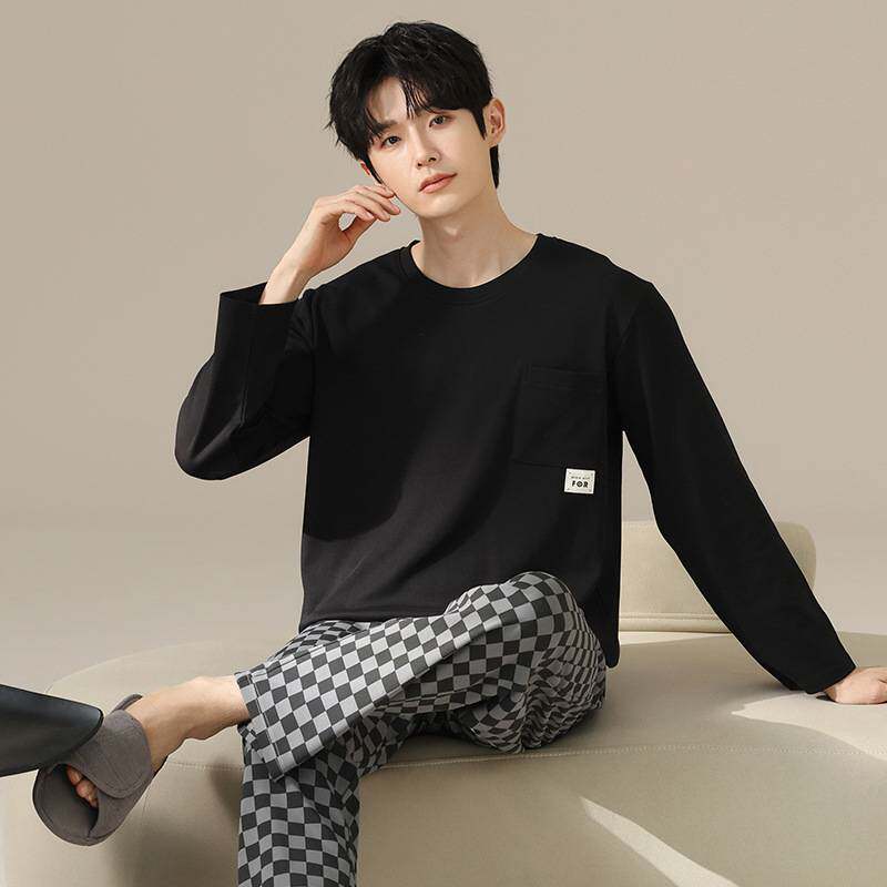 官方正品圆领睡衣男士春秋款纯棉长袖纯色简约运动休闲大码青年冬