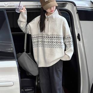 官方正品女童2025年秋冬新款潮酷半领口拉链费尔岛提花毛衣女大童