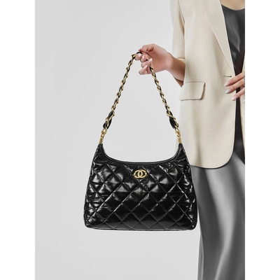 官方正品2025新款小香风真皮单肩嬉皮包高级感粗链条hobo腋下包菱