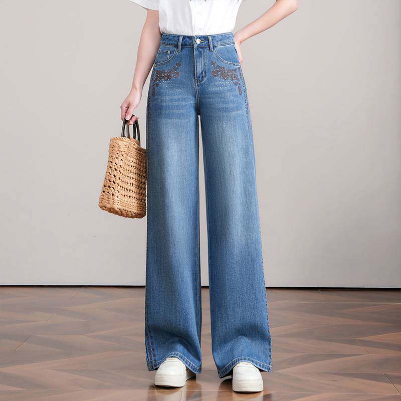 官方正品蓝色设计感烫钻阔腿牛仔裤女春季2026新款时尚高腰垂感拖