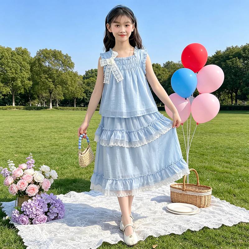 官方正品女童夏季甜美公主裙套装洋气蓝色荷叶边中长款半身裙童装