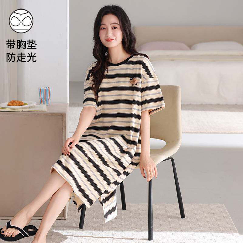 官方正品带胸垫~休闲睡裙女夏季薄款纯棉短袖条纹中长裙大码家居