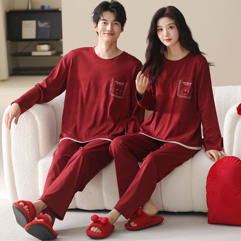 官方正品情侣睡衣女春秋款莫代尔长袖套装秋冬季男士结婚新婚红色