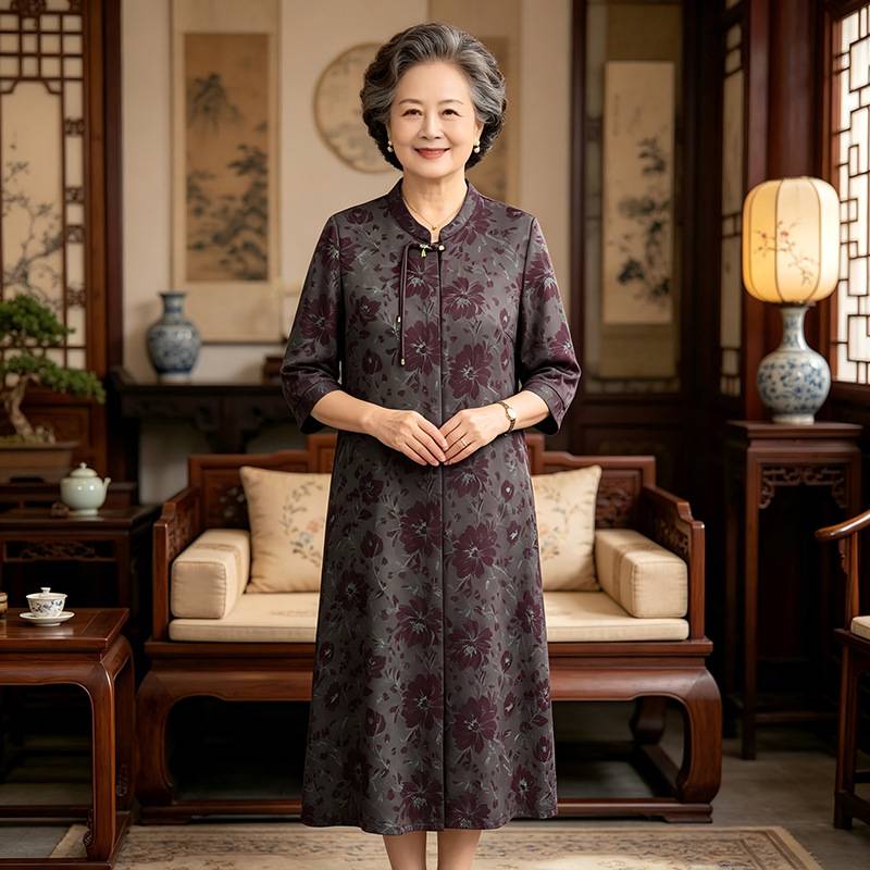 官方正品奶奶夏装时尚休闲连衣裙中老年人宽松立领长裙妈妈洋气显