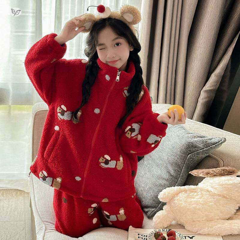 官方正品女童加厚家居服套装2025年冬季新款可外穿拉链衫睡衣两件