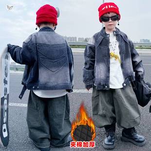 官方正品男童加棉加厚套装2025年秋冬新款中大童潮酷机车服外套阔