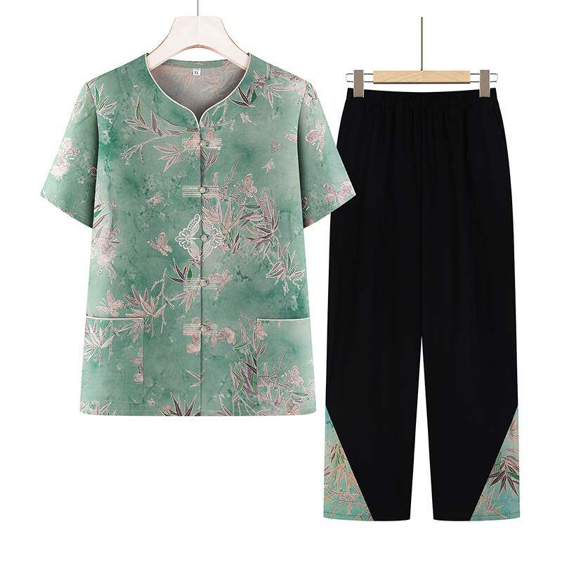 官方正品奶奶夏装洋气短袖套装妈妈竹叶印花衣服老年人夏季薄款休