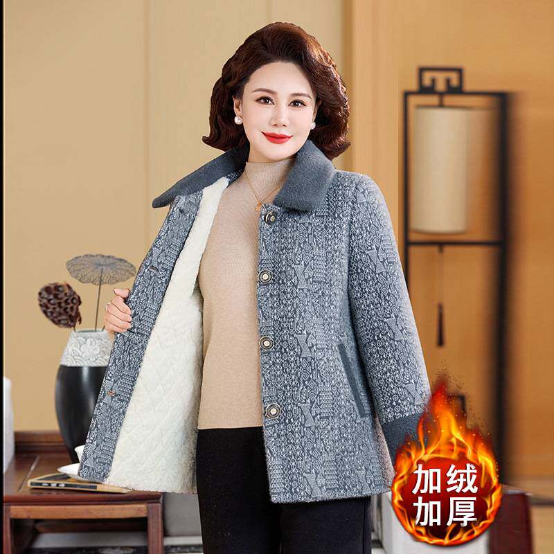 官方正品中老年人女装冬季加绒加厚毛呢大衣妈妈冬装仿水貂绒时尚