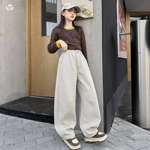 官方正品女童加绒弯刀裤2025年秋冬新款中大童休闲打杆阔腿裤宽松