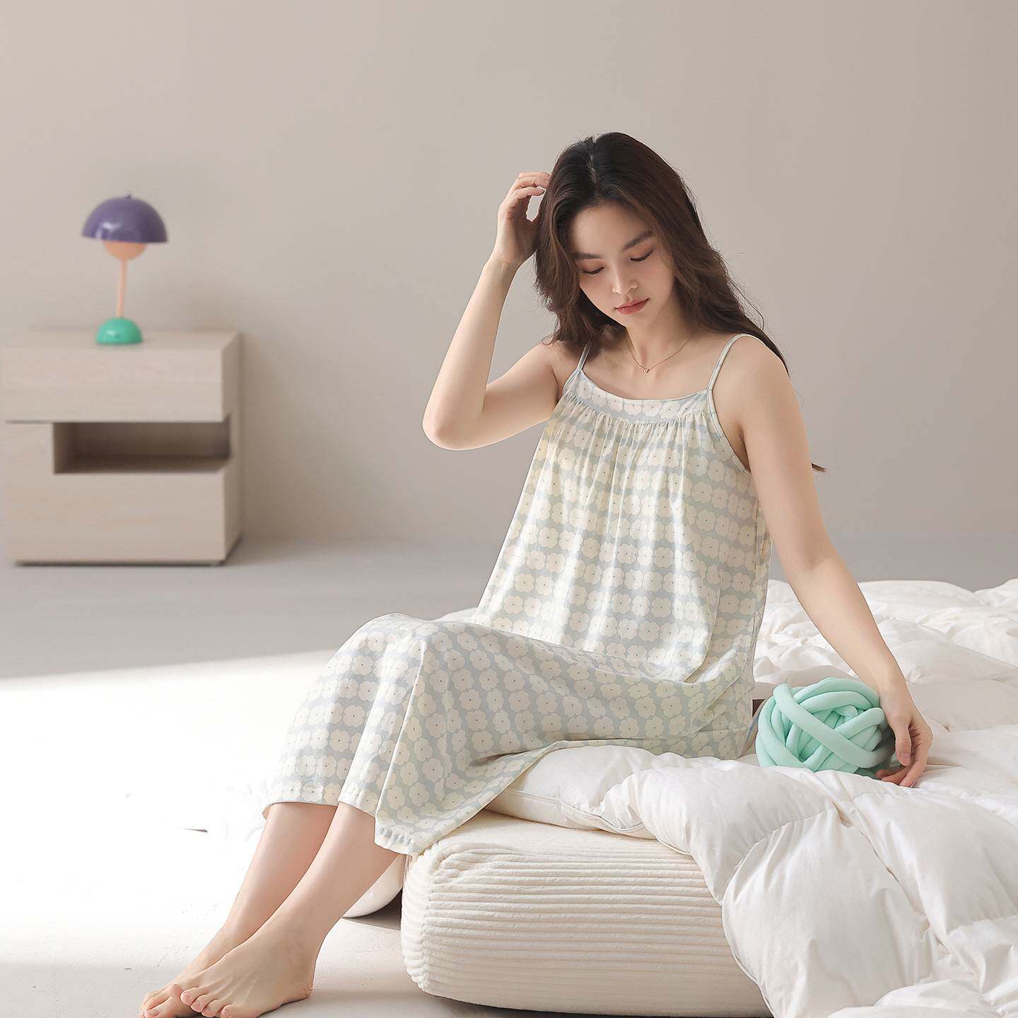 官方正品睡裙女夏季带胸垫吊带纯棉女士夏天粉韵性感睡衣中长女款