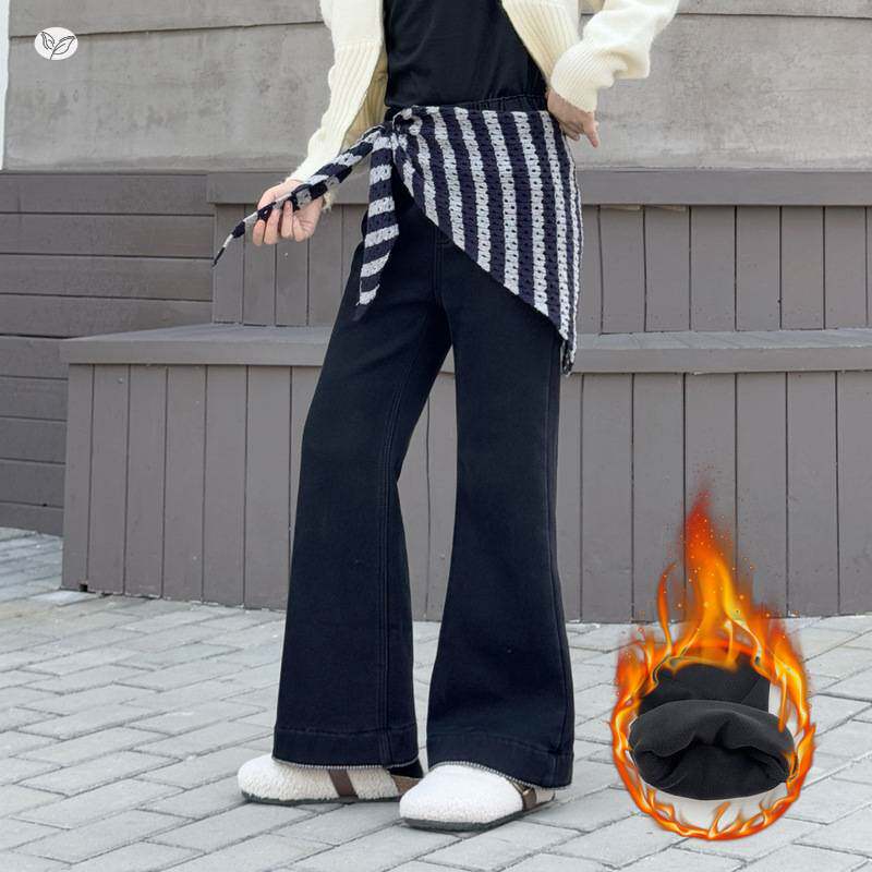 官方正品女童加绒喇叭裤2025年秋冬新款中大童复古修身牛仔微喇裤