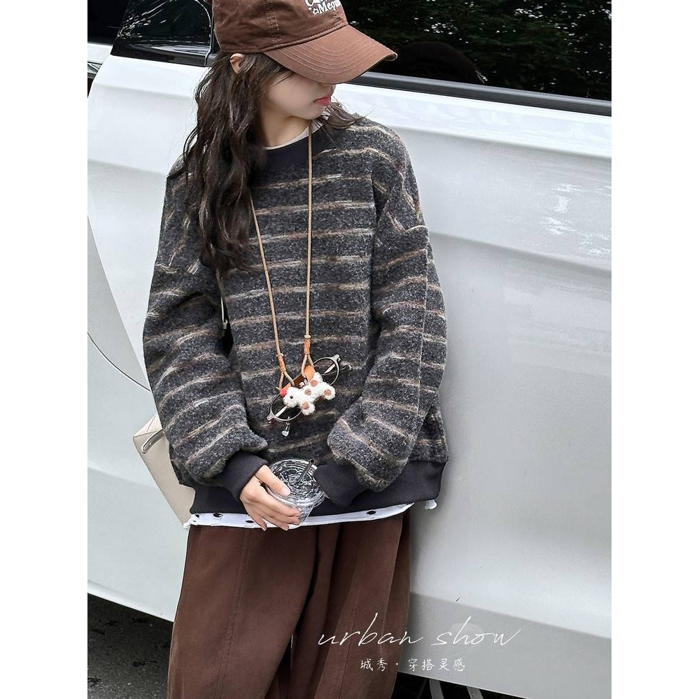 官方正品女童加绒卫衣2025新款儿童秋冬长袖一体绒中大童冬季条纹