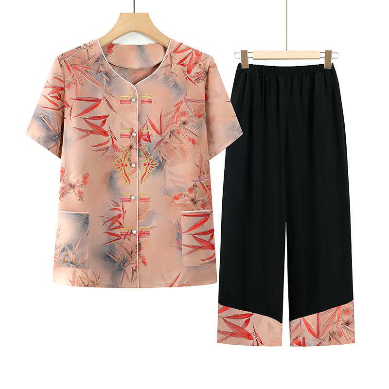 官方正品奶奶装夏季套装60岁中老年人女装夏天衣服妈妈短袖衬衫裤