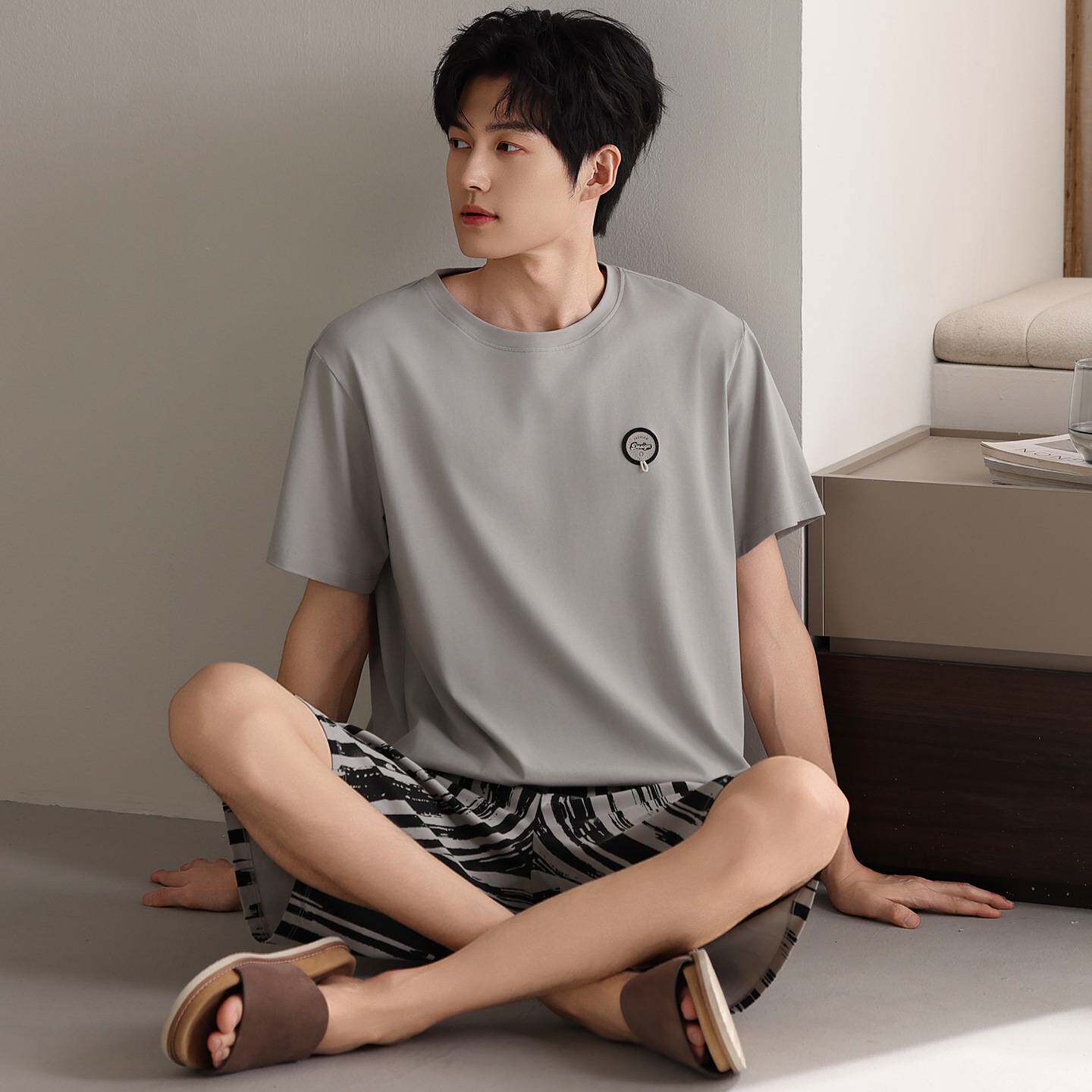 官方正品男士睡衣夏季纯棉短袖短裤薄款家居服休闲纯色套头大码可