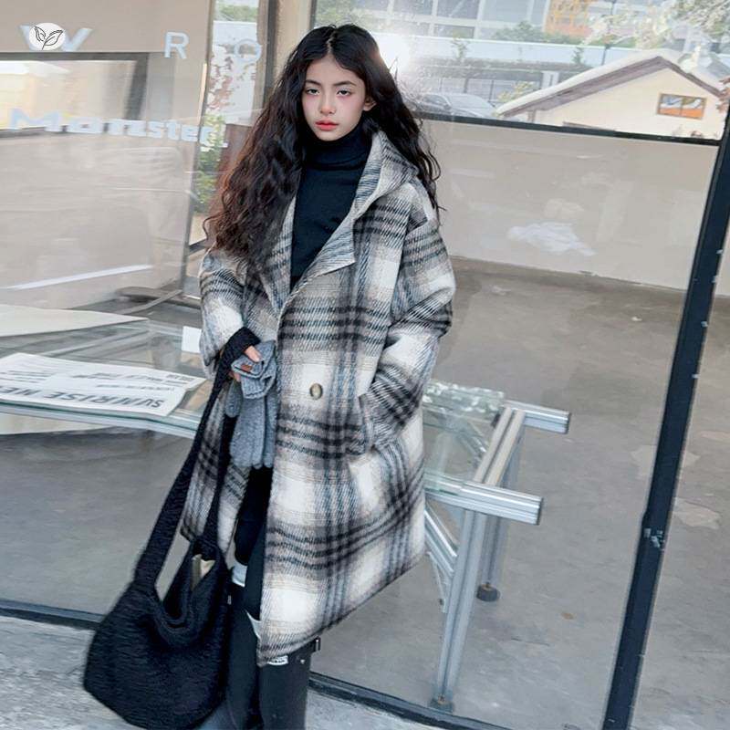 官方正品女童2025冬季新款韩系拼色格子连帽呢子大衣女大童中长款