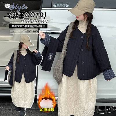 官方正品女童加厚棉服2025年冬季新款中大童格子拼接短款外套保暖
